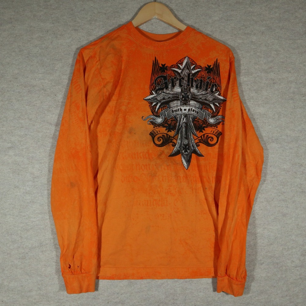 Archaic Long Sleeve Shirt Medium Gothic Y2K Winged Skull Cross Orange MMA Tee